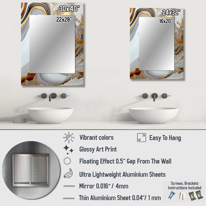 White And Gold Marble Abstract VII - Transitional Large Mirror, Modern Unique Wall Mirror Decor, Printed Metal Art, 40" x 30"