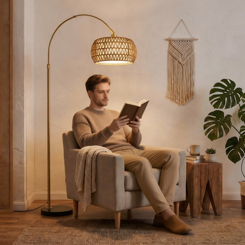 Gold Arc Floor Lamp With Remote & Dimmable Bulb, Boho Rattan Standing Lamp With 3 Color Temperatures, Height Adjustable Tall Lamp For Living Room Bedroom Over Couch Reading