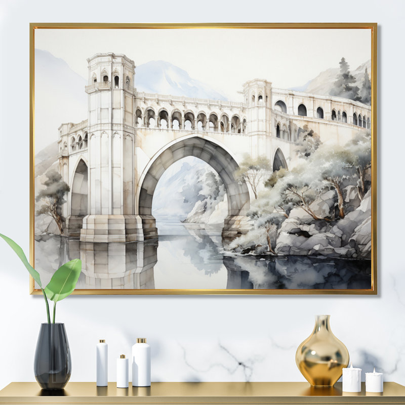 «Lynli Grey Bridge Minimalist Archway I», reproduction sur toile, H 16 po x l 32 po x P 1 po, Cadre flottant doré