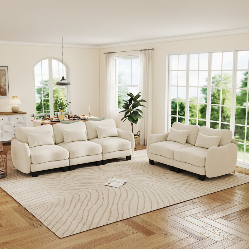 Ensemble de salon en chenille 2 pièces avec canapé, causeuse et coussins lombaires, crème ivoire, Ivory Cream