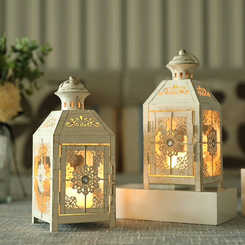 2 Piece Tabletop Metal Candle Lantern Set