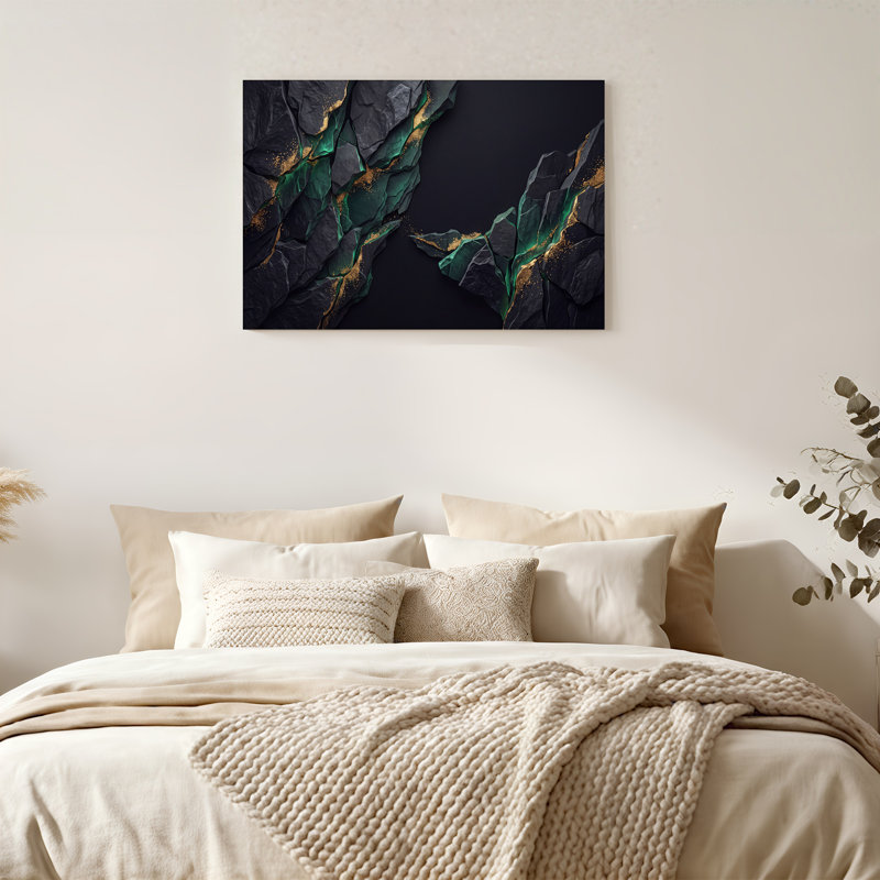 Art sur toile pierre foncée craquelée avec veines vertes et dorées, 28"H x 40"W