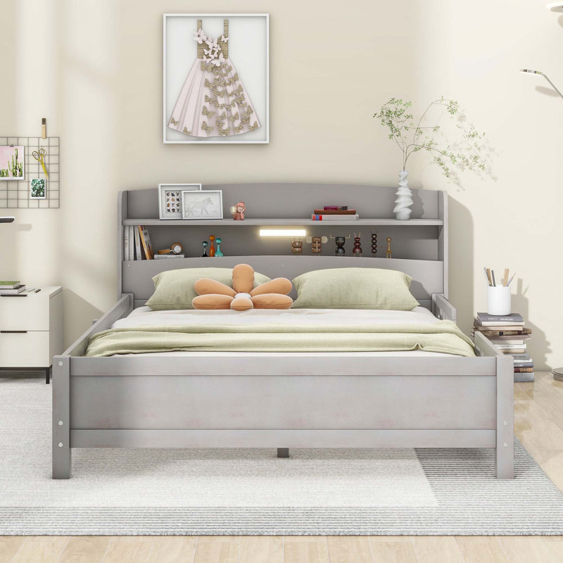 Lit plateforme double en bois avec éclairage à DEL intégré, tête de lit avec rangement et garde-corps, Antique Grey