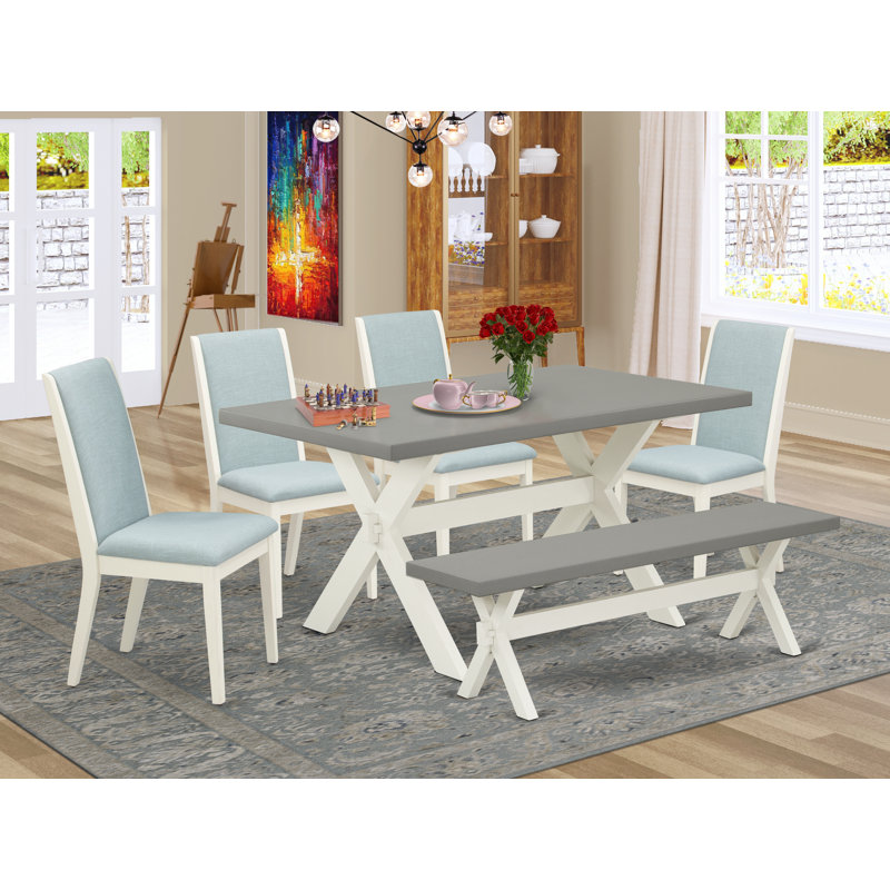 6 Piece Dinette Set Contains a Rectangle Dining Table with X-Legs and 4 Baby Blue Linen Fabric Parson Chairs with a Bench, wire brushed linen white