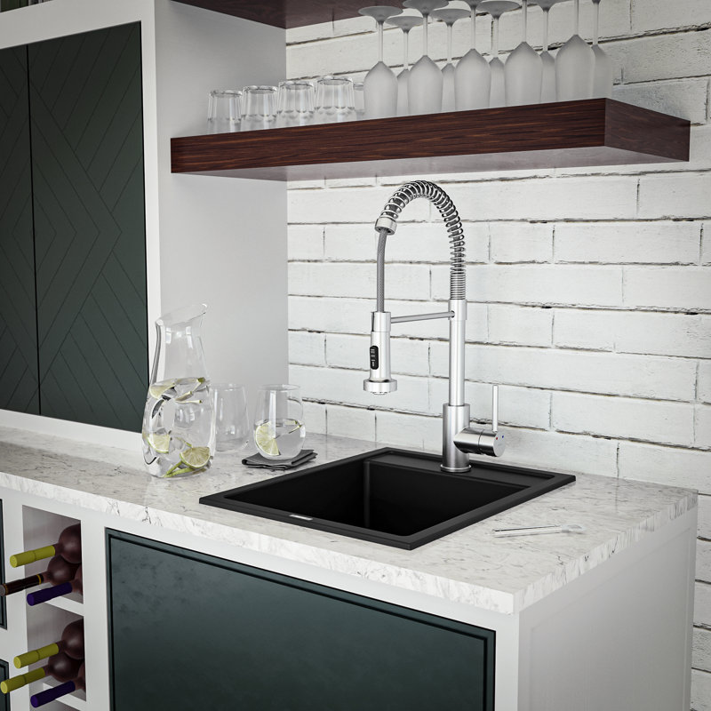 Quartz Top Mount Sinks 15.75'' L Single Bowl Kitchen Sink, Black