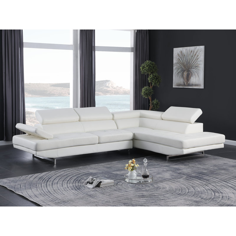 Armes Upholstered L-Shaped Sectional, Right Hand Facing, White Faux Leather