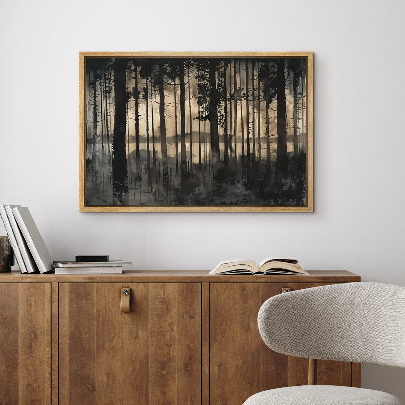 «Moody Black Forest Silhouette Lake View Wall Decor», reproduction d'art sur toile encadrée dans la chambre principale
