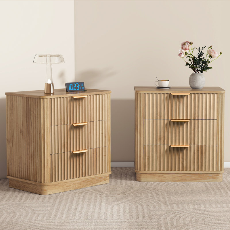 Lyra 3 Drawer Nightstand Set of 2, Fluted Wood Nightstand, Bedside Table Set of 2, 23.9'' H X 22.8'' W X 15'' D, Nature