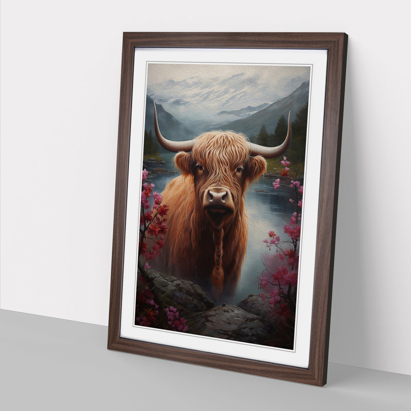 Highland Cow Renaissance - Single Picture Frame Print on Wood, Walnut, 46cm H x 34cm W x 2cm D