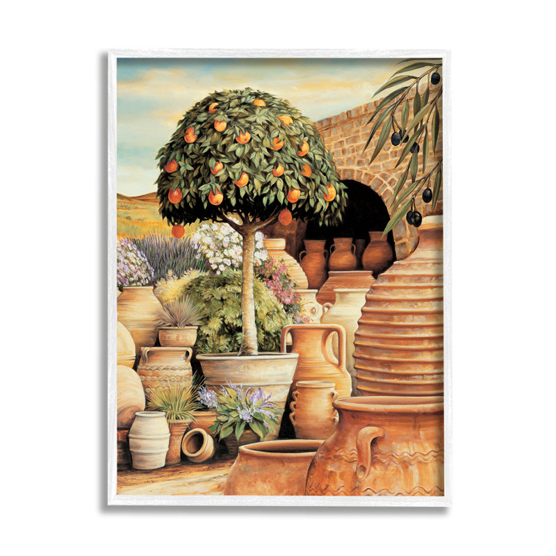 Oranger et scène de poterie par Eduardo, H 14 po x l 11 po x P 1,5 po, Giclée encadrée blanc bord de mer