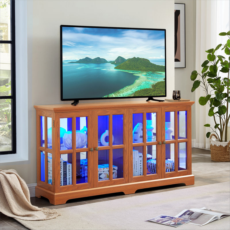 Vintage LED Curio Display Cabinet - Antique Glass Door Showcase with Adjustable Shelves for Collectibles, Four-Door Design Ideal for Home or Office Décor-OAK