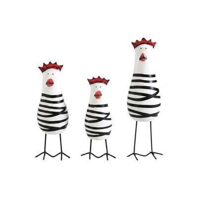 Metal Chicken Figurine Set of 3, Hand-Painted Black and White Chicken Decor with Wire Legs