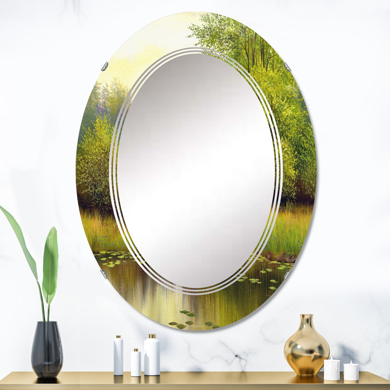 Beautiful Summer River Green Landscape I - Miroir mural ovale, 36 po x 24 po