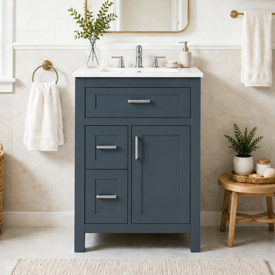 Meuble-lavabo de 24 po avec lavabo en céramique, structure en bois massif avec armoire en bois aggloméré, armoire de rangement de salle de bain avec 1 porte, tiroir rabattable et 2 tiroirs, charnières à fermeture en douceur, tablette réglable, poignées argentées