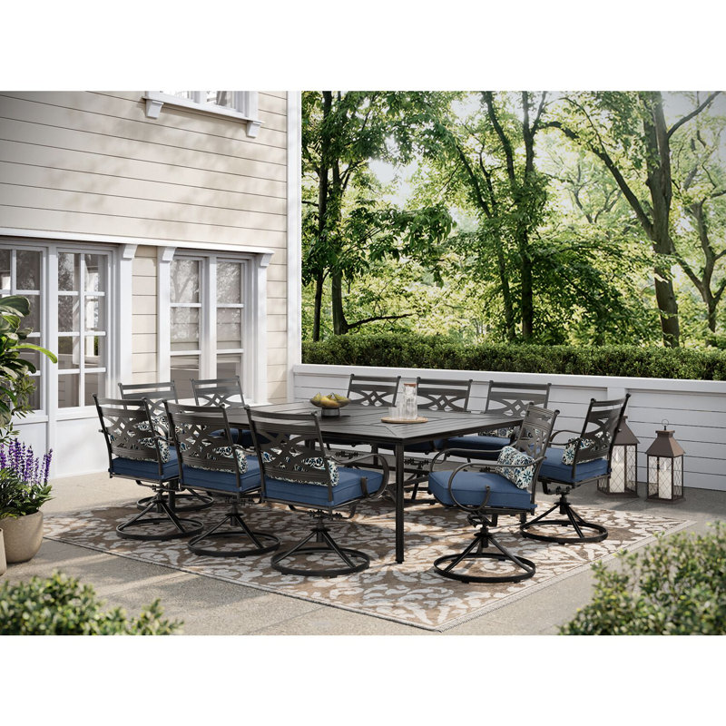 Elmfield 10 - Person Metal Patio Dining Set with Rectangular Table , Cushions Included, Navy Blue