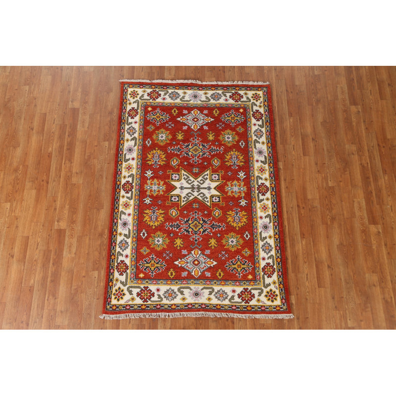 Tapis oriental géométrique Kazak noué à la main 4 x 6