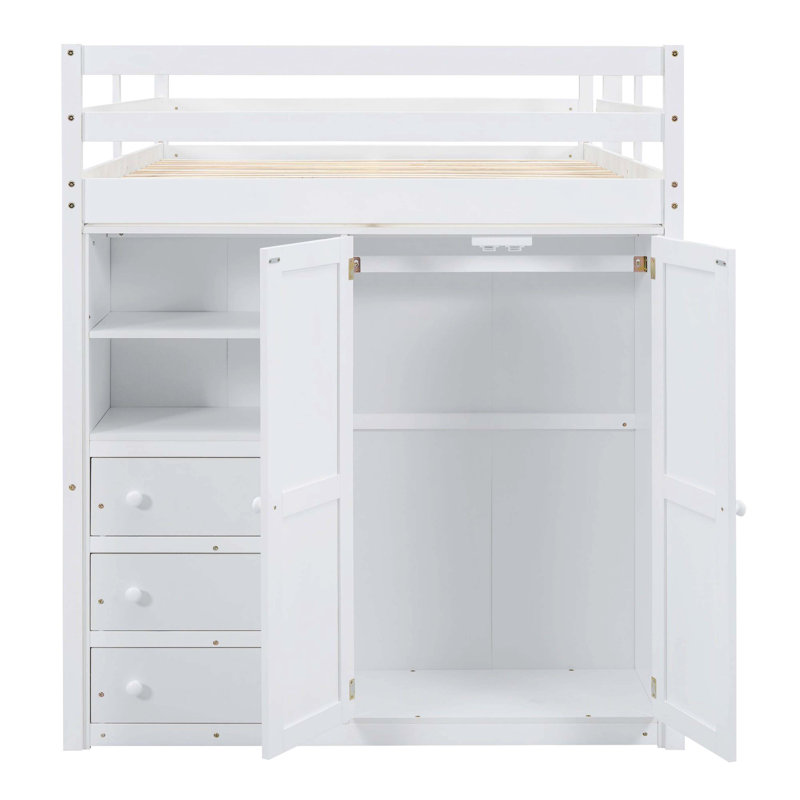 Lit mezzanine double en bois avec garde-robe intégrée, bureau d'étude, tablettes de rangement à plusieurs niveaux et tiroirs pratiques, blanc