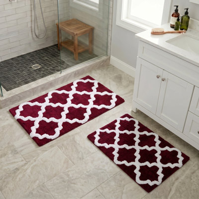 Lavish Home 2 Piece Bathroom Rug Set - 41x24.5 Inch and 34x21 Inch 100% Cotton Bath Mats with Textured Trellis Print for Elegant Bathroom Decor - Bath Rugs Non Slip Washable Bathmats