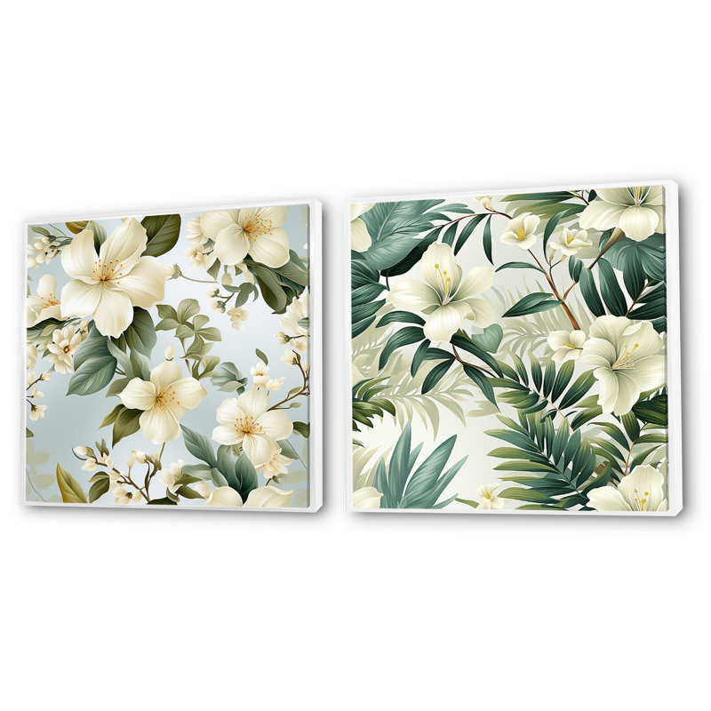 Dreen - Ensemble de 2 collages floraux carrés, H 16 po x l 33 po, Cadre flottant blanc