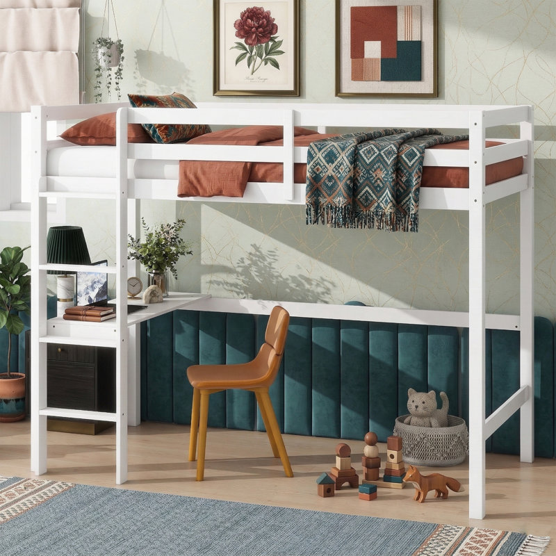 78.6" Twin High Loft Bed With Built-In Desk - Solid Rubber Wood Study Bed Frame - Integrated Safety Ladder & Guardrails - Grey