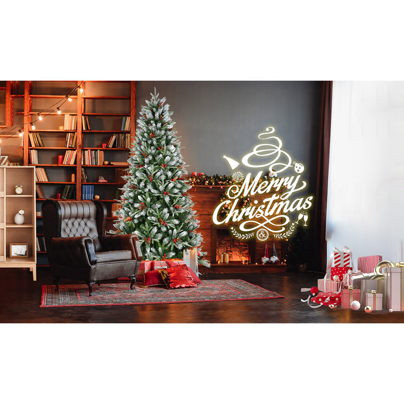 Arbre de Noël 8 pi avec 2850 pointes, baies et pommes de pin - Branches PE + PVC enneigées, conception à charnières pour une installation facile, support en métal robuste - Décoration d'arbre de Noël naturelle