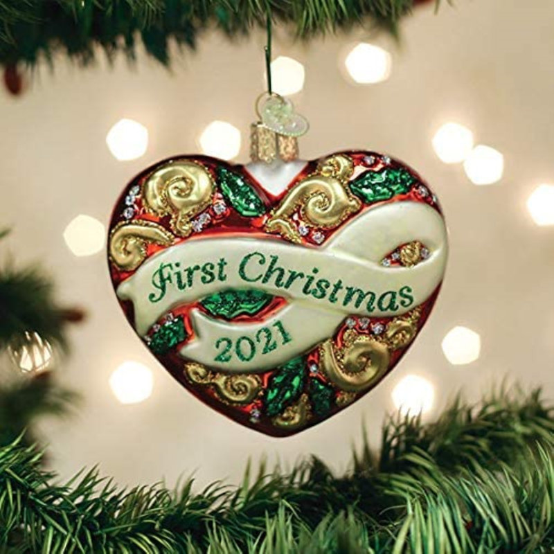 Hand-Painted Glass Heart Tree Topper Ornament, First Christmas 2021