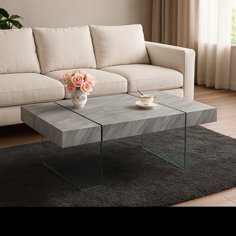Eclipse Granite Veneer Rectangle Coffee Table with Tempered Glass Legs-43" W x 26" D, Gray