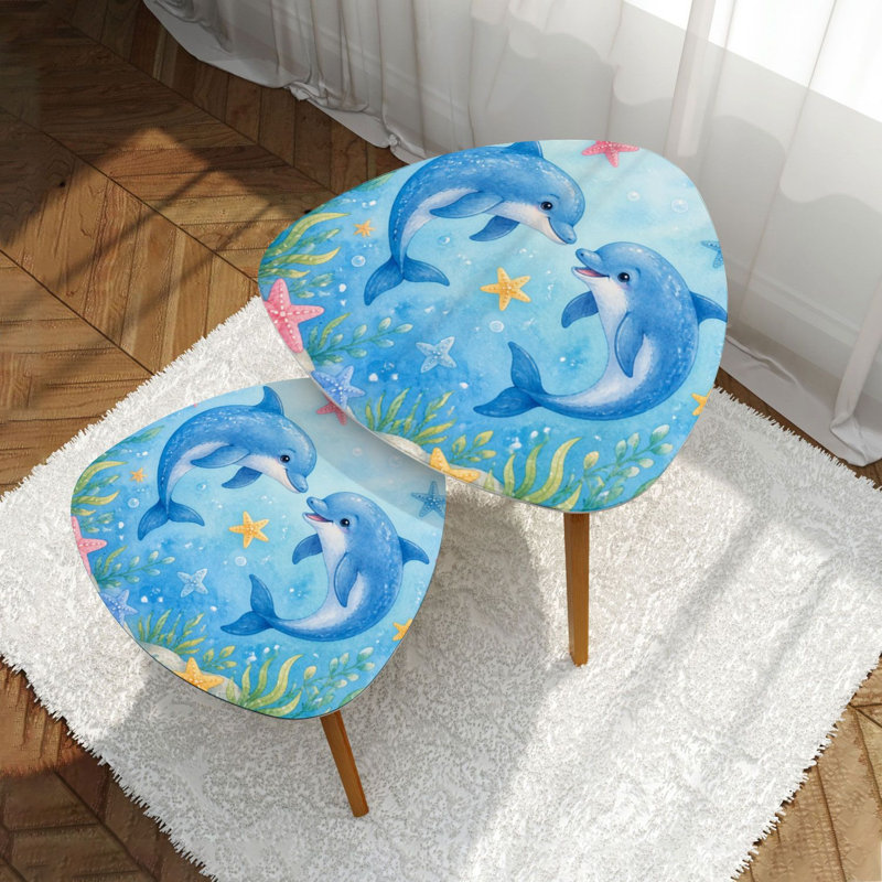 Triangle Nesting Coffee Table Set of 2 Dolphins Swimming Starfish Soft Blue Ocean Watercolor End Table Modern Minimalist Side Table Set for Living Room Bedroom