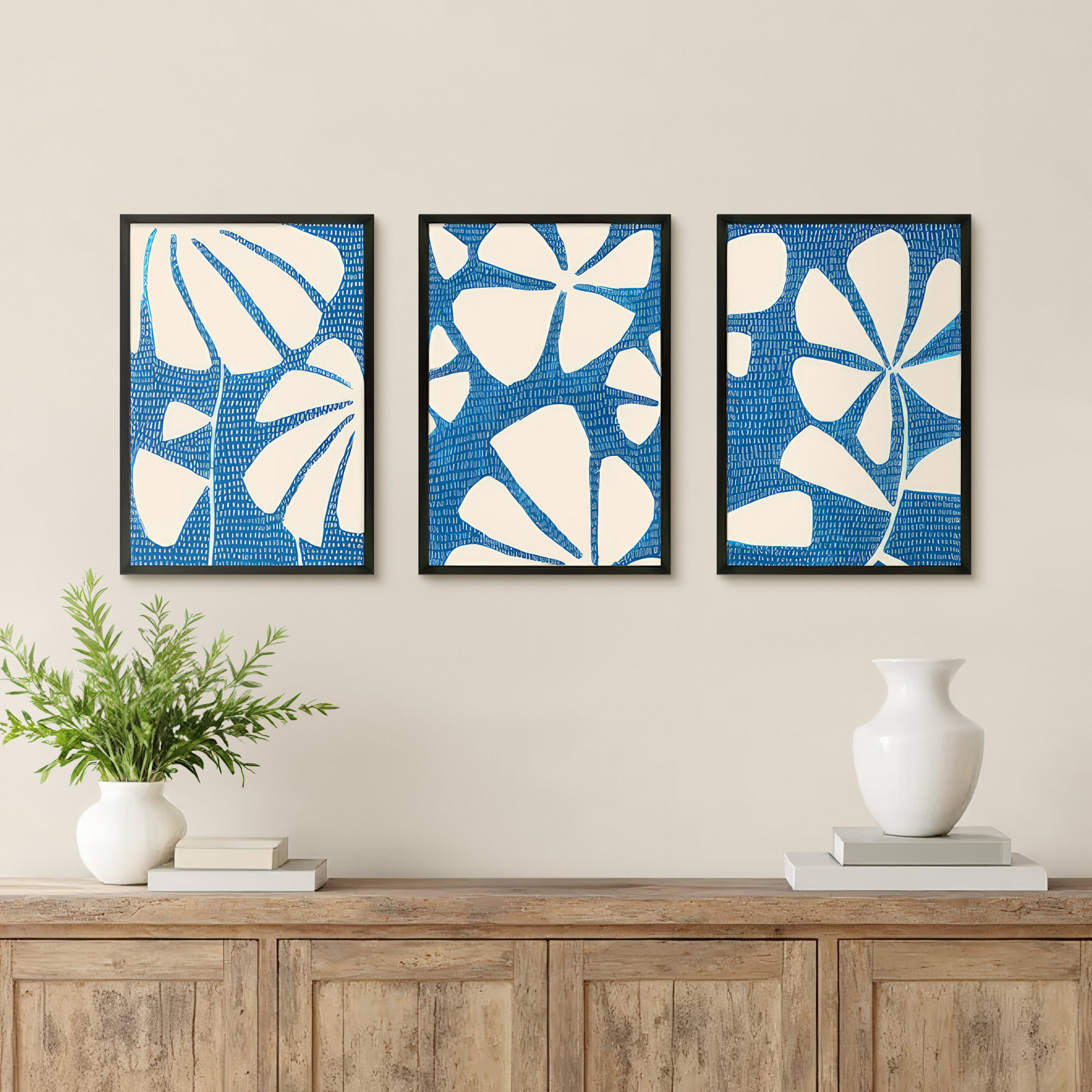 Ceramic Blue 3-6 3-Piece Print Set, Black Picture Framed Paper, 25" H x 17.5" W