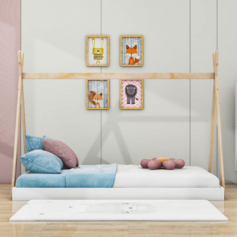 Estefania Twin Size Wood Bed with Triangle Structure, White/Natural