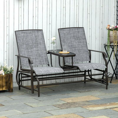 Herrman 2 Seats Garden Glider Bench with Glass Top Centre Table Brown/Grey