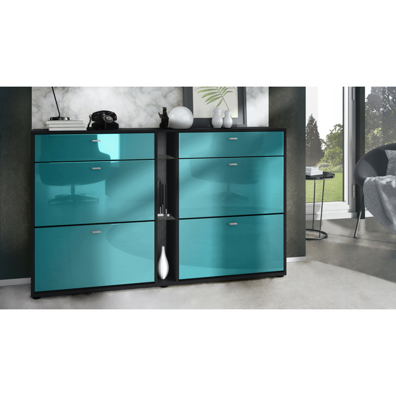 Agisilaos 32 Pair Flip Down Shoe Storage, Black Matt/Petrol High Gloss