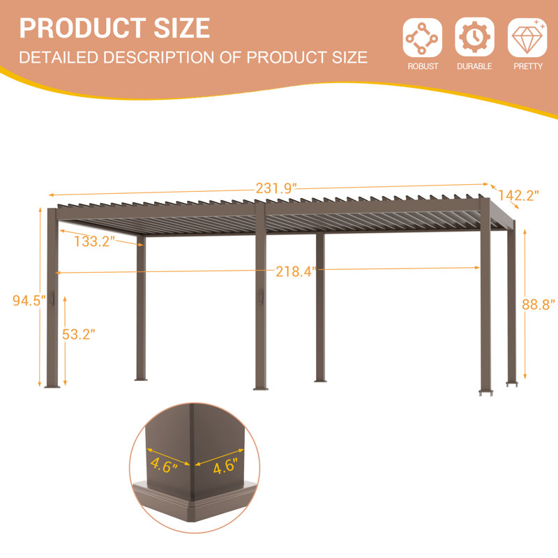 Cadre en aluminium pour pergola à persiennes avec toit réglable imperméable, 12 pi x 20 pi, Gris foncé