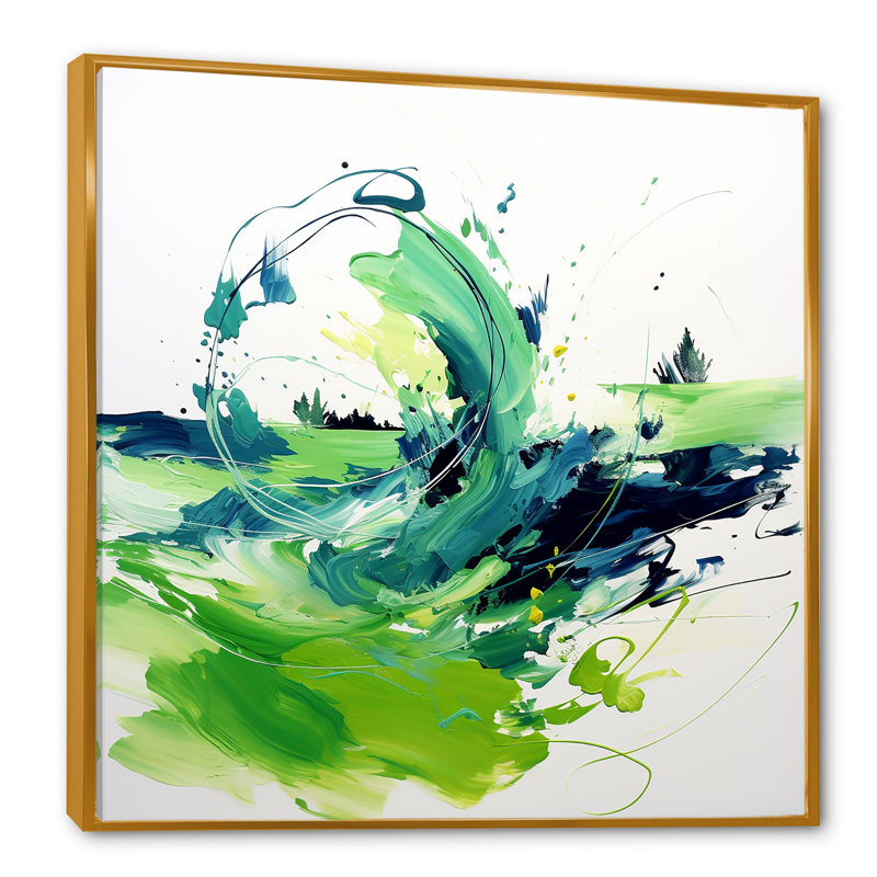 «White and Green Abstract Ink Expression I», art mural abstrait, H 36 po x l 36 po x P 1,5 po, Cadre flottant doré