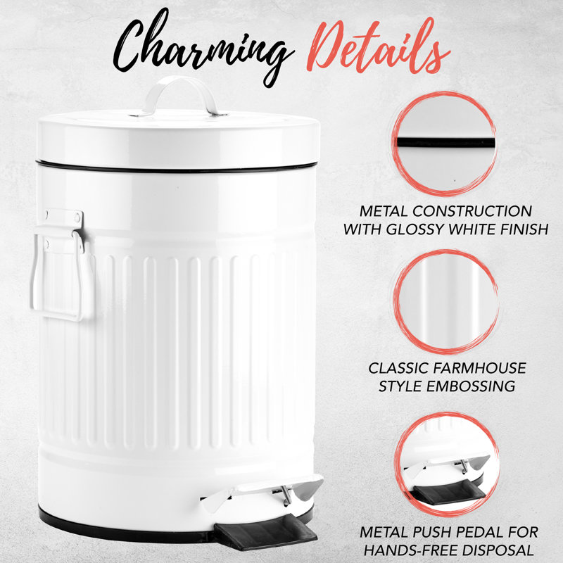 White Galvanized Metal Pedal Waste Bin with Handles