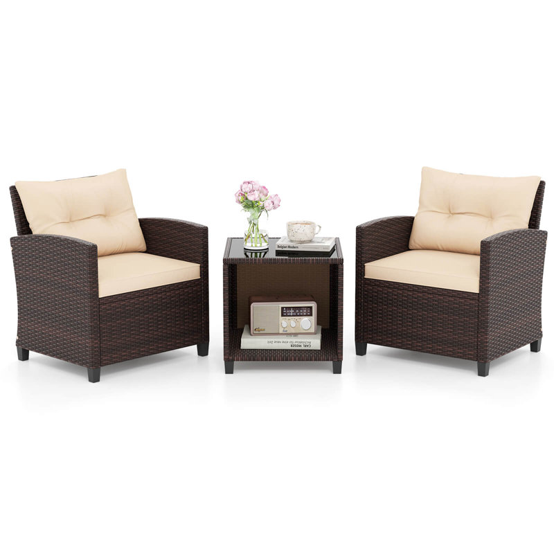 3 PCS Patio Sofa Set with Cushions & Tempered Glass Tabletop for Backyard
