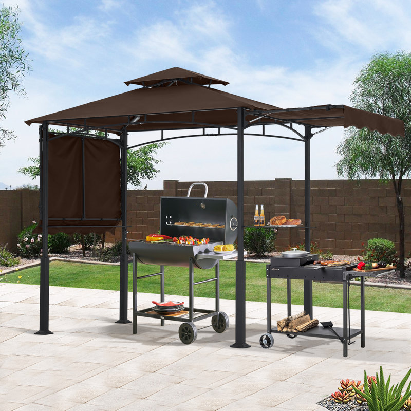 14 Ft. W X 5 Ft. D Steel Grill Gazebo With Collapsible Awnings, Brown