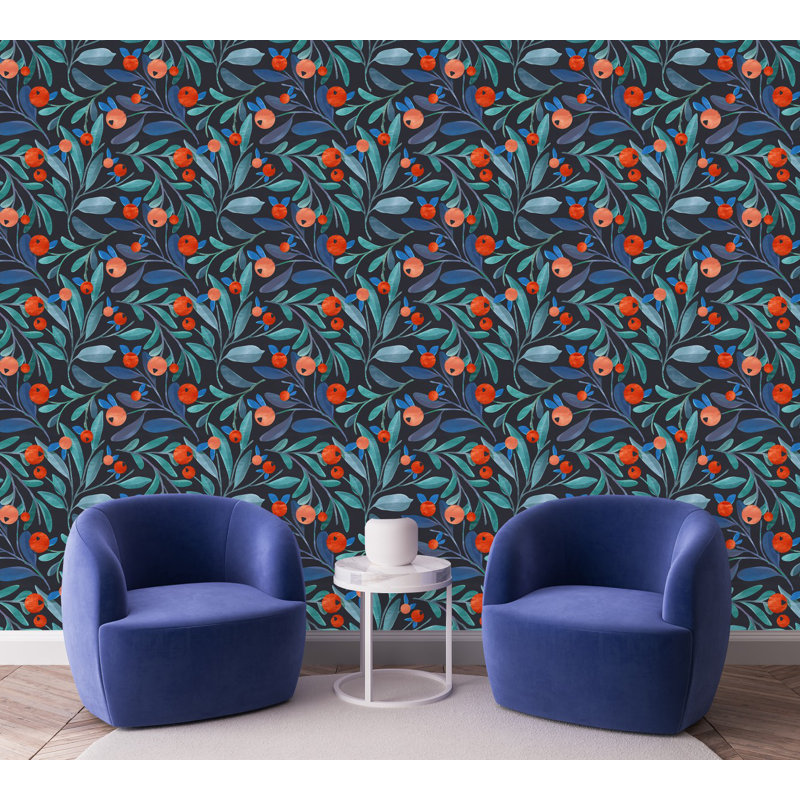 Papier peint feuilles bleues avec baies, L 124,8 po x l 25 po