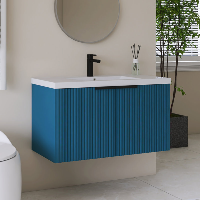 Meuble-lavabo mural simple 36 po avec plateau en résine intégré blanc, Bleu