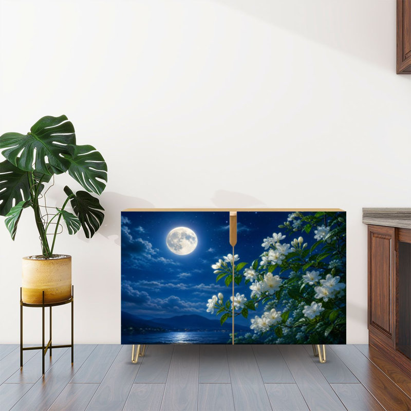 Sideboard Buffet Cabinet with Storage Full Moon Night Sky Glowing Stars White Blossoming Flowers with 2 Doors for Living Room and Kitchen