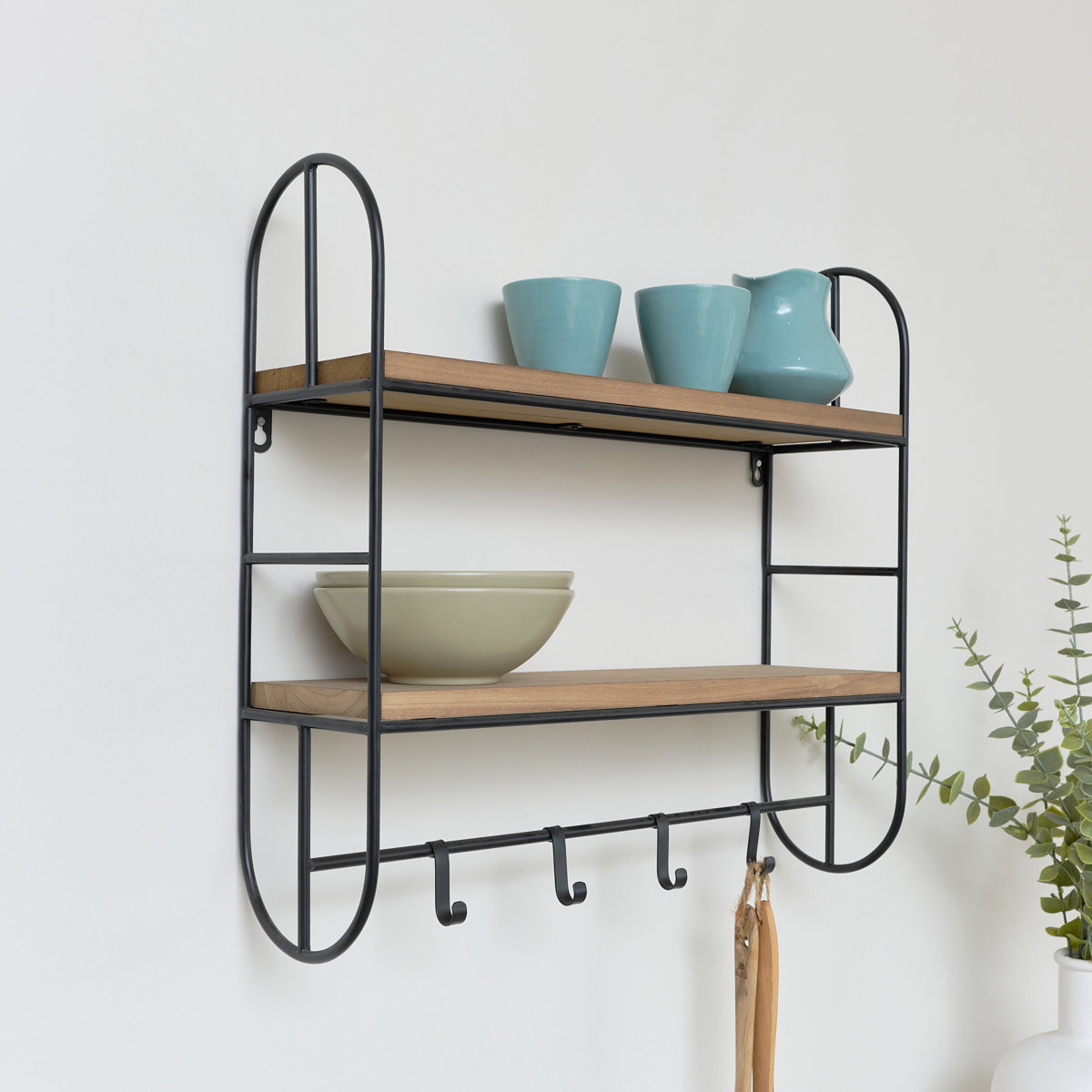 Borough Wharf Black & Wooden Metal Framed Wall Shelf With Hanging Hooks ...
