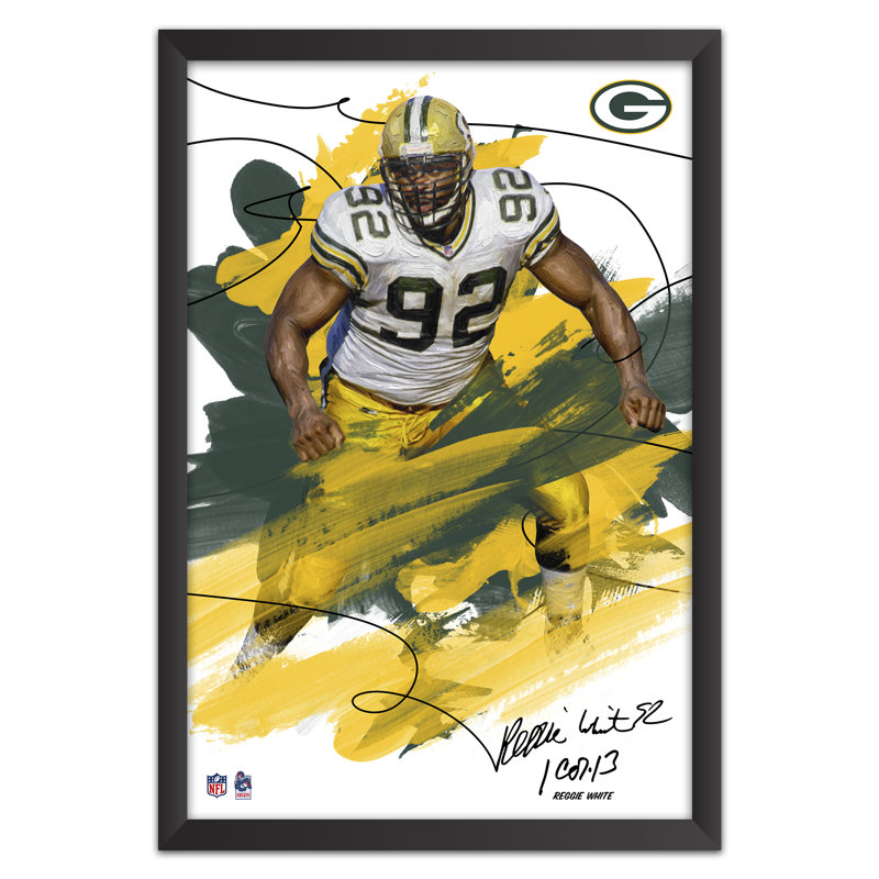 Sporticulture NFL Green Bay Packers Reggie White 92, affiche encadrée style coup de pinceau, décoration murale, 51 x 63,5 cm (20 x 25 pouces), œuvre d'art pour les amateurs de cave