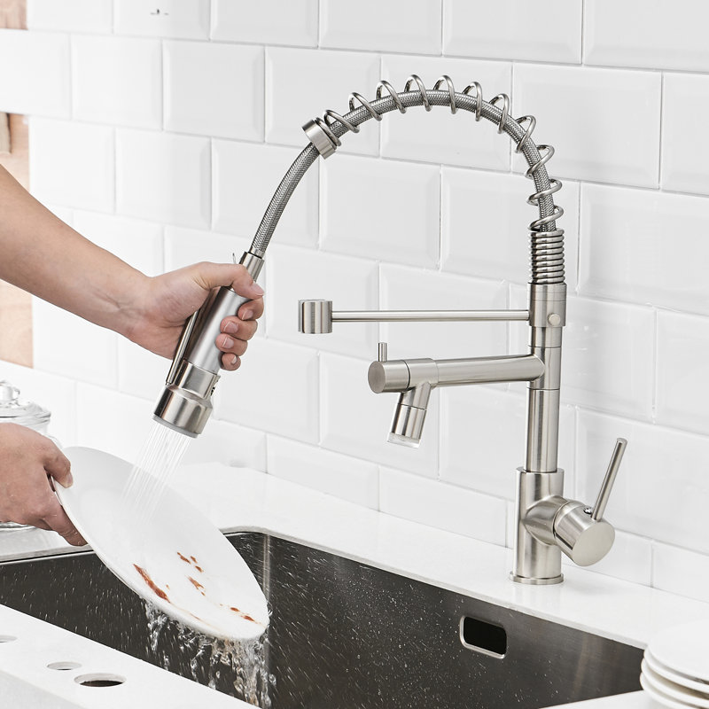 Contemporary Led Kitchen Faucet, Brushed Nickel Surface, Pull Down , Single Handle, 360 Rotation, Dual Modes Sink Rotatable,