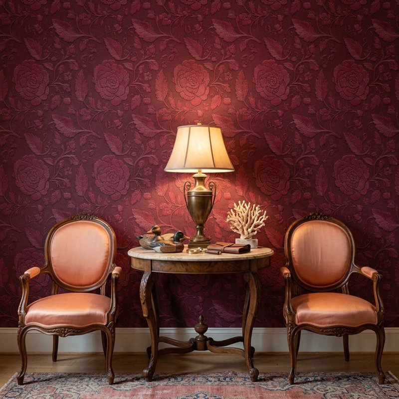 Papier peint floral en relief bordeaux foncé de style vintage, fresque murale, Peel and Stick