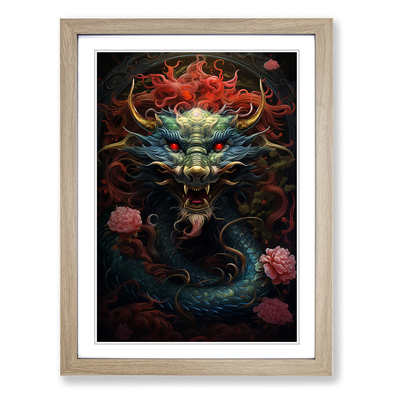 Chinese Dragon Baroque 1 Piece Single Picture Frame Wall Art, 46cm H x 34cm W x 2cm D, Oak Framed