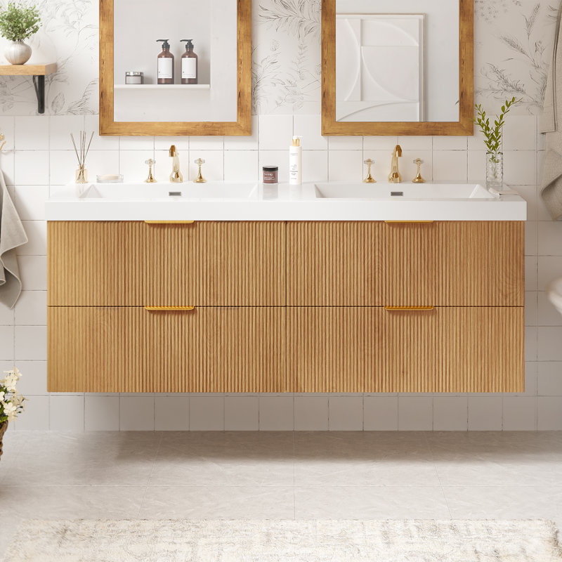 Double Bathroom Vanity With 4 Drawers, Floating Wall-Mounted Storage, Fluted Face With Gold Handles, Contemporary Modern, Primary Bathroom Or Guest Suite