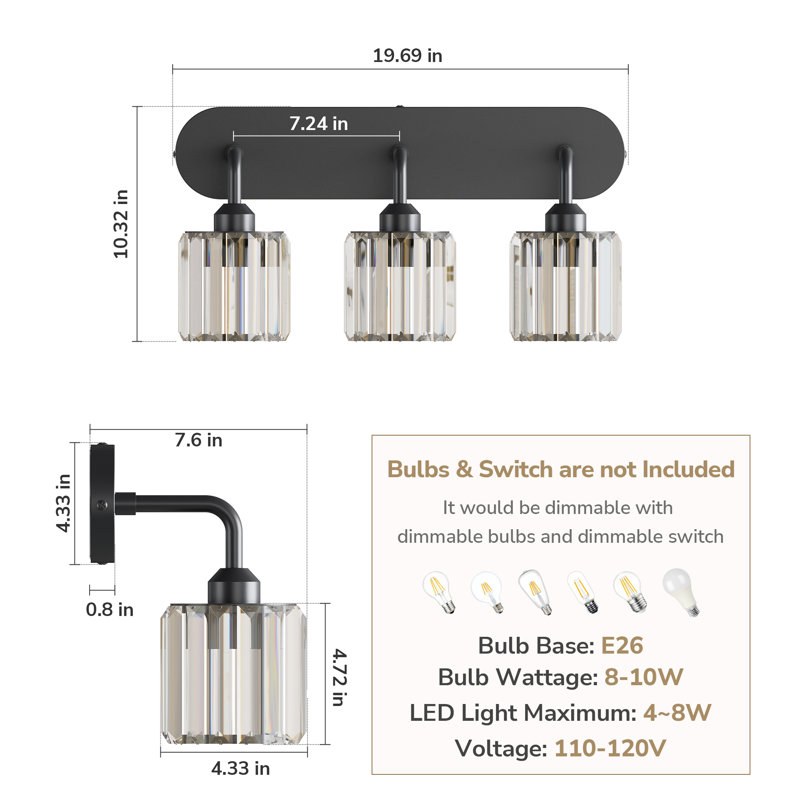 Éclairage de meuble-lavabo à intensité variable avec abat-jour en cristal, Noir mat, Trois lumières