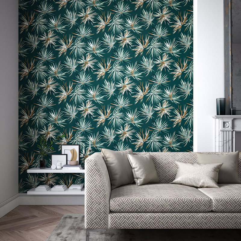 Aucuba Floral Metallic Wallpaper Roll, Forest/Copper