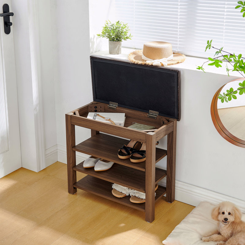 Nordic-Style Entryway Shoe Bench – 3-Tier Rubberwood Storage Stool with Padded Seat, Brown