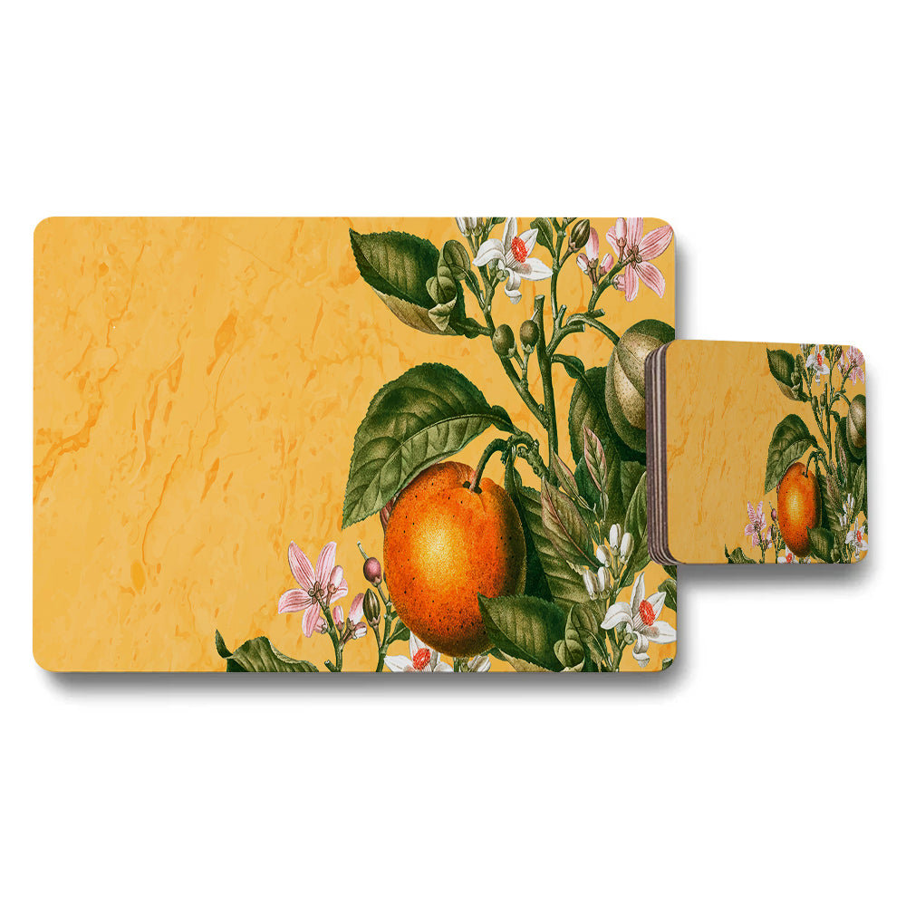 Orange Fruit Floral Placemat And Coaster Set With Vintage Design
